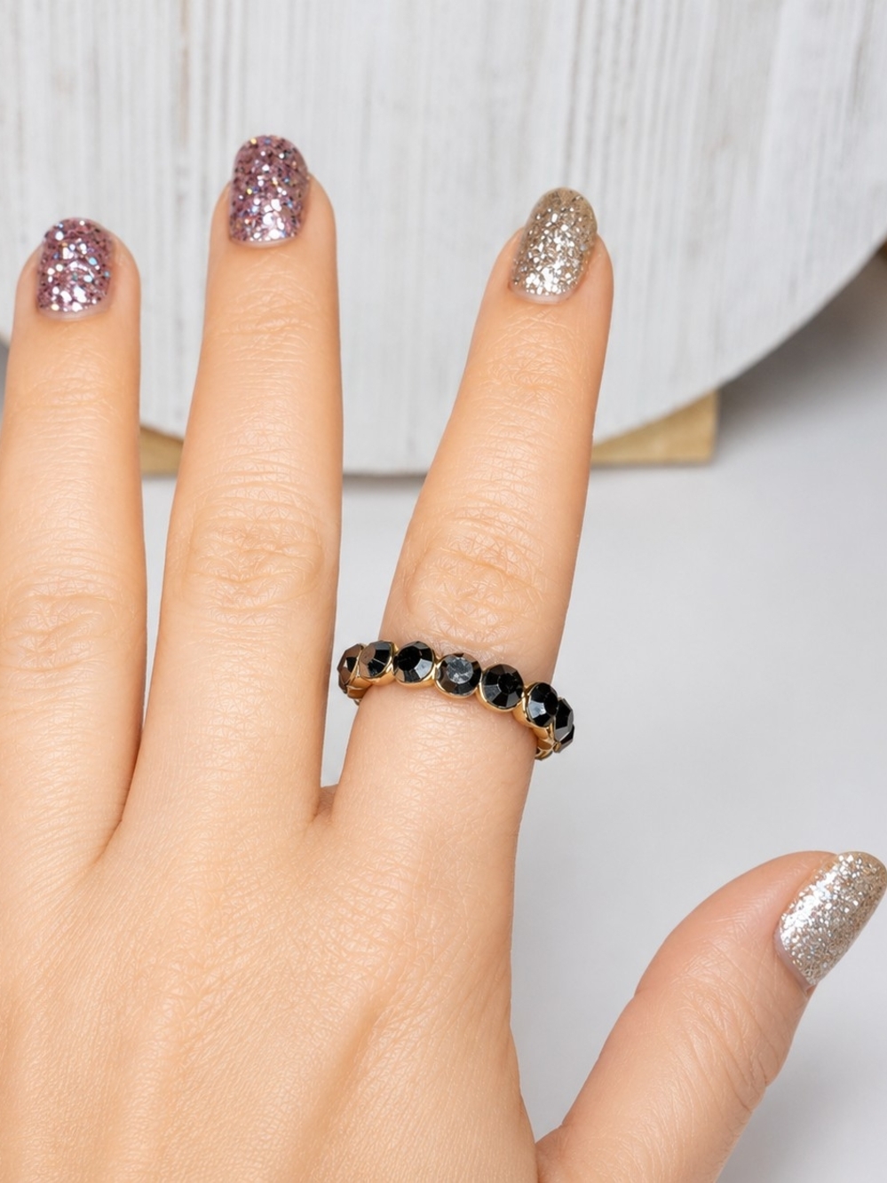 Hematite Eternity Band Ring Size 7.5 Gold Tone Faceted Black Stone Stack Ring